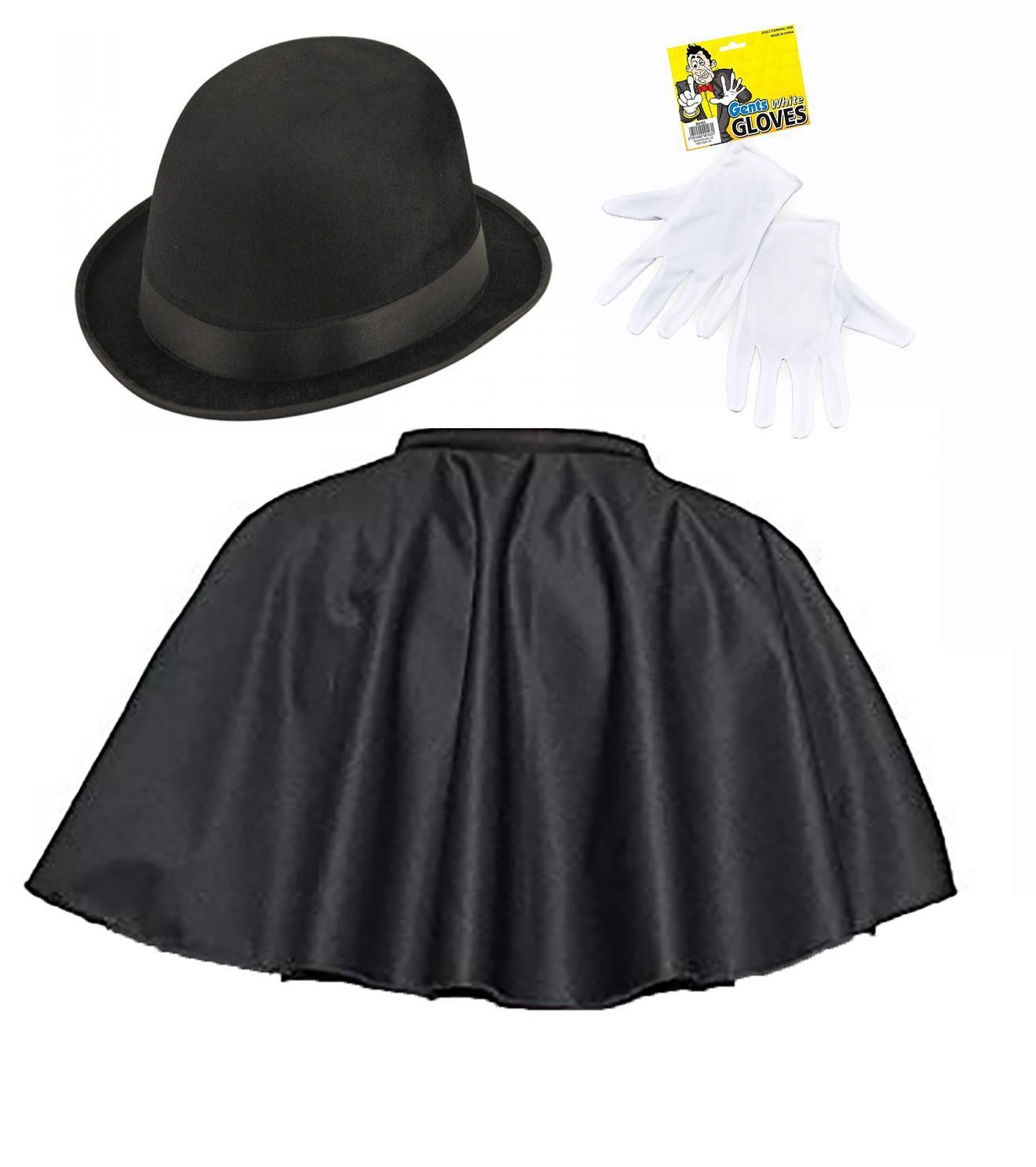 Adults Black Mantle Cape Bowler Hat & Gloves Victorian Gentry Fancy Dress Set