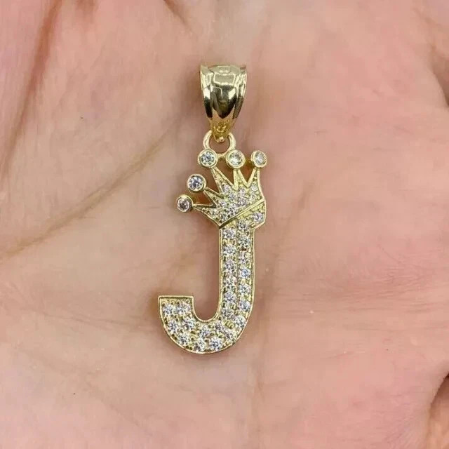 14K Yellow Gold Plated 2Ct Round Lab-Created Diamond Crown Letter "J" Pendant