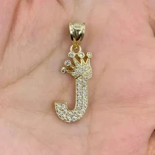 14K Yellow Gold Plated 2Ct Round Lab-Created Diamond Crown Letter "J" Pendant