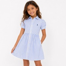 Ralph Lauren Girls 10 Nantucket Coastal Preppy Striped Shirt Dress Blue