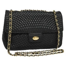 BALLY Quilted Chain Shoulder Bag Leather Black Gold Auth yk17027