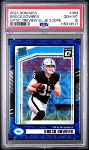 2024 Panini Donruss Brock Bowers RC #394, OPTIC PREVIEW BLUE SCOPE PRIZM, PSA 10