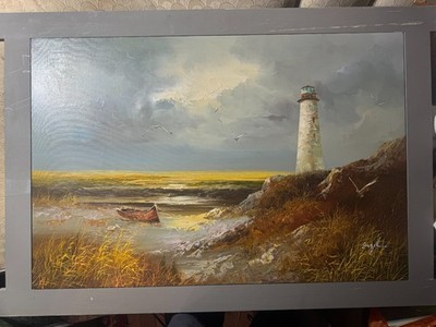 Large Engel ''Beach And Light House Scene'' Oil Painting - Signed And Framed