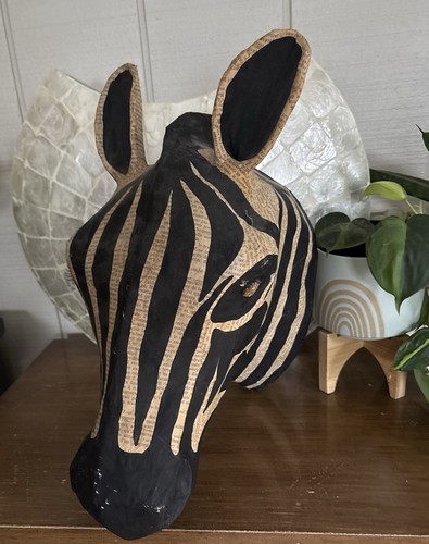 Zebra Head Wall Sculpture Bust~News Paper Mache African ART Decor Unique Folkart