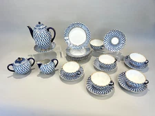 Russian Imperial LOMONOSOV Porcelain Tea/Coffee 24 Set Cobalt Net 22K Gold MINT
