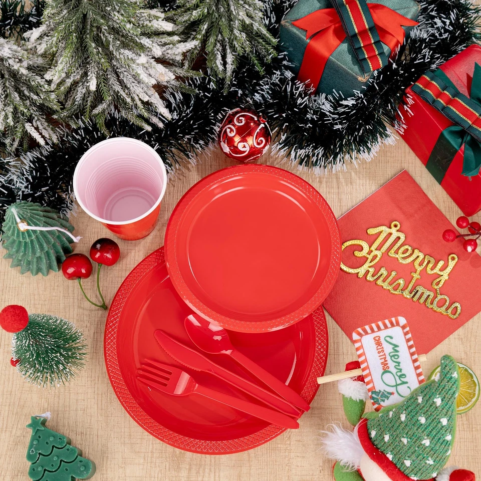 210 Piezas Platos de Plástico Rojo, Platos de Navidad Desechables, Suministros de Fiesta Incluidos... Foto 4 de 4