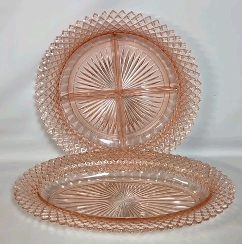 2 Pink Miss America Depression glass Dishes Oval Platter Round Divided Hocking