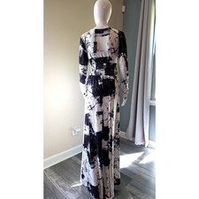 Black & White Abstract Print Maxi Dress | Long Sleeve Deep V Waist Cinch