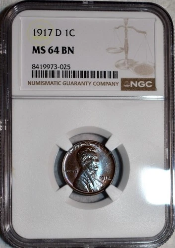 NGC MS-64 BN 1917-D Lincoln Cent, Beautifully toned specimen!