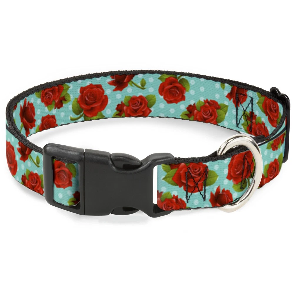 Plastic Clip Collar Red Roses/Polka Dots Turquoise Large 15-24"