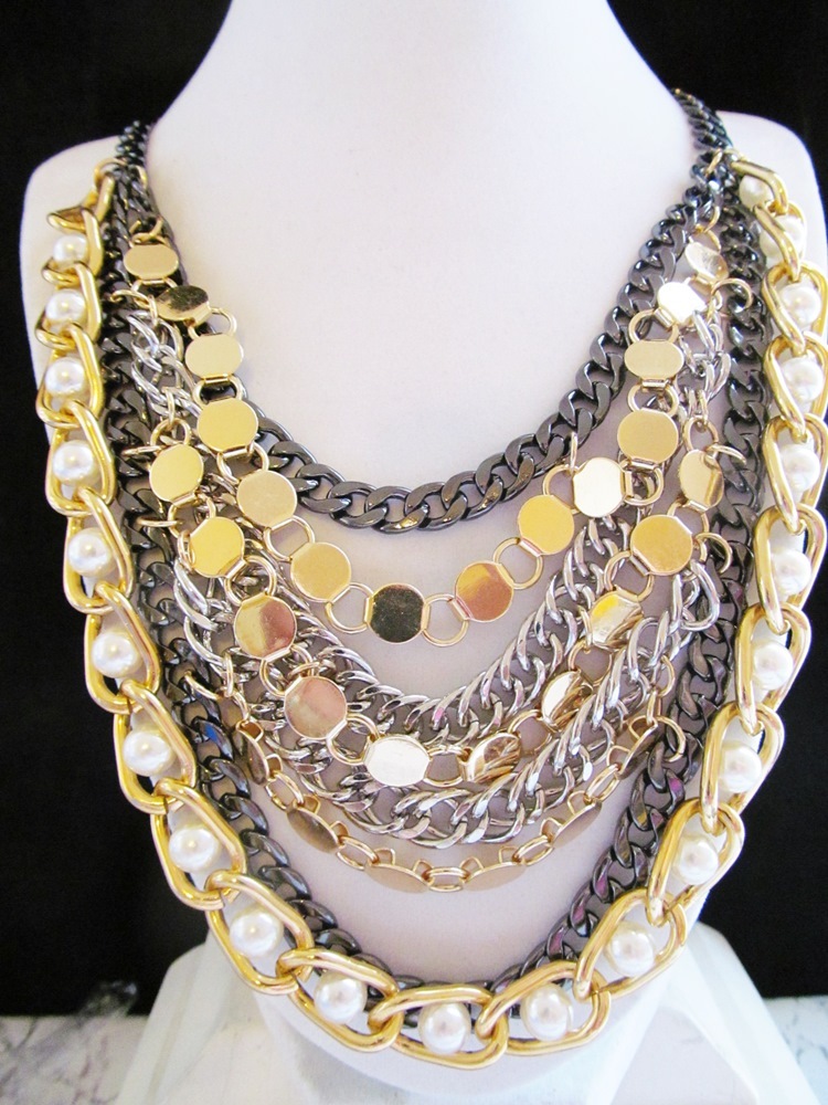 Statement Necklace Set Multi Chain with Pearls