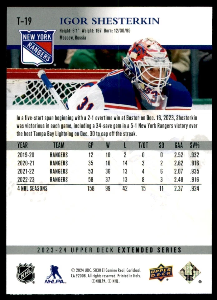 2023-24 Upper Deck Extended Series Retro Igor Shesterkin #T19 - Image 2 of 2