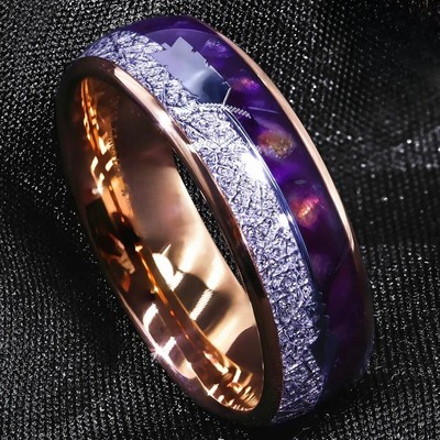 8MM Rose Gold Tungsten Carbide Ring Purple Agate Meteorite Arrow Men Women Ring