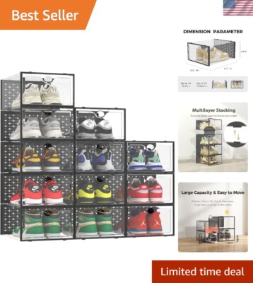 XXL Shoe Storage Box Fit for Size 14, Clear Plastic Stackable Shoe Organizer ...
