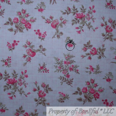 BonEful Fabric FQ Cotton Quilt VTG White Pink Rose Flower Shabby Chic Bohemian S