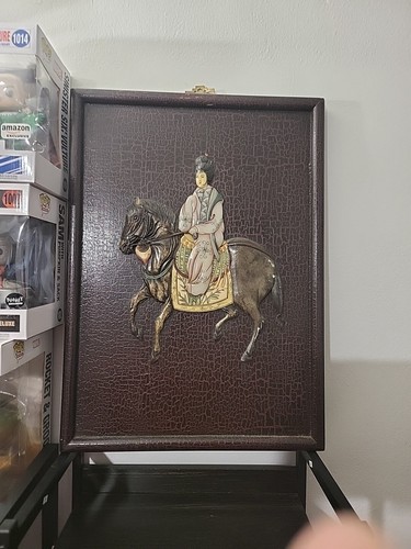 Vintage Chinese Woman On Horse Inlaid Wood Panels Plaque