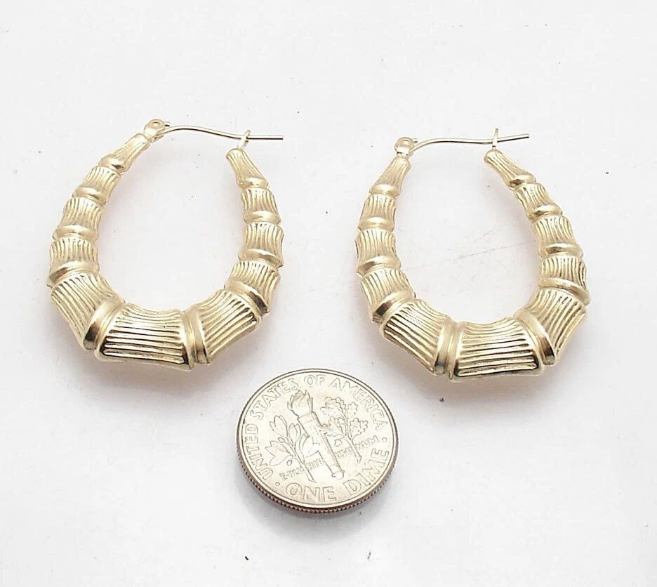 Серьги-кольца из настоящего желтого золота 10 карат с градуированным овальным бамбуком 1 1/8 дюйма  - Изображение 4 из 4