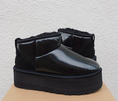 UGG BLACK CLASSIC ULTRA MINI 2'' PLATFORM HI SHINE ANKLE BOOTS, US 7/ EUR 38 ~NEW