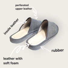 Gray Leather slippers women free shipping, natural leather with perforated upper