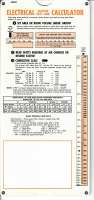 Electrical Wattage Heat Load Calculator Sizing Guide Cardboard Slide Rule 1972