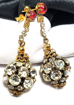 Vintage Gold Miriam Haskell Rhinestone Dangle Red Bead Earrings