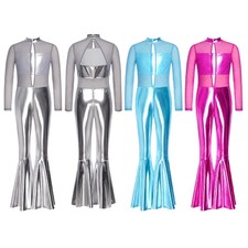 Girls Metallic Competitions Bell-bottom Jumpsuit Leotard Bodysuit Ballroom