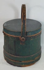 9" primitive Firkin Wood Bucket Wooden - NICE Old Green Paint - antique 1800's