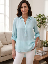 Ann Taylor blue linen blend top collared henl...