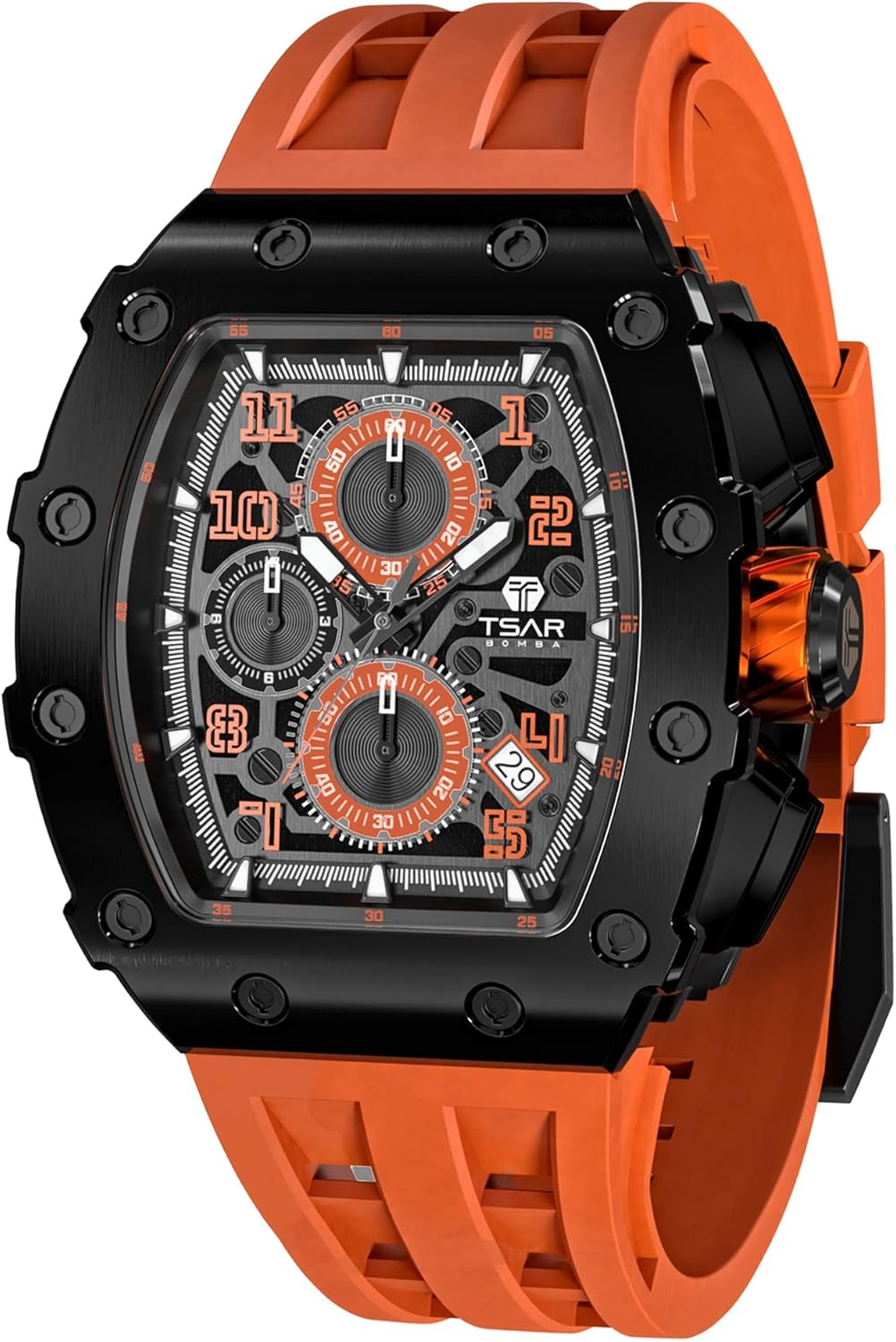 Luxury 50M Waterproof Men's Chronograph Tonneau Watch with Silicone Bands Orange