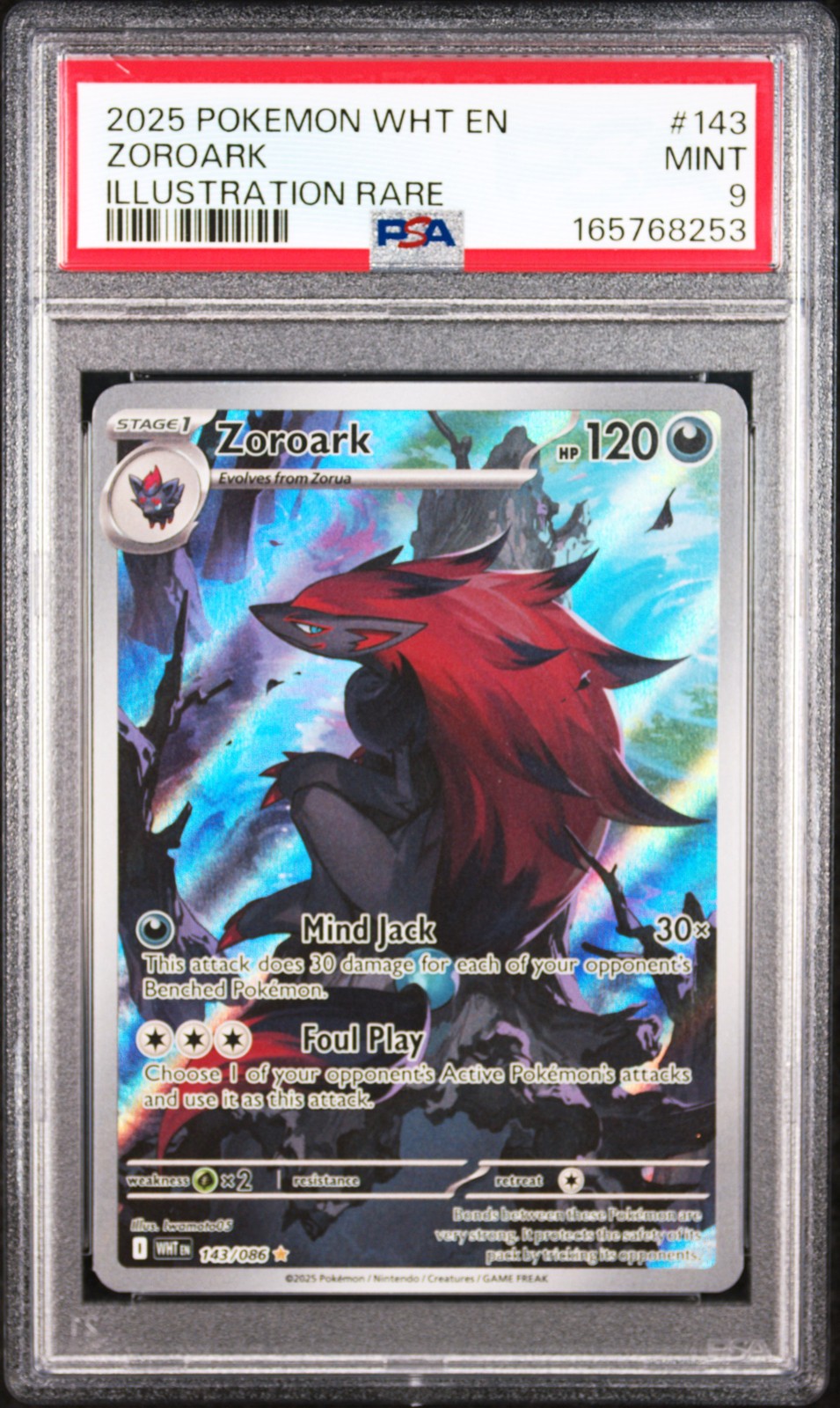 2025 POKEMON WHT EN-WHITE FLARE ILLUSTRATION RARE #143 ZOROARK PSA 9