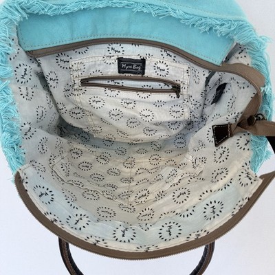 MYRA BAG Turquoise Aqua Blue Canvas Floral Print Leather 