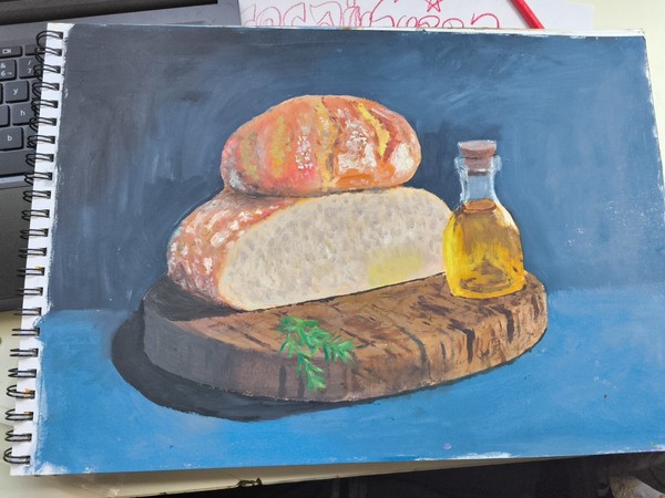 Obra Al Óleo De Panes Y Aceite Sobre Tabla De Madera, Fondo Azul