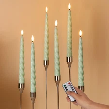 Spiral Flameless Taper Candles With Remote Green Battery Operated LED 6 PCS