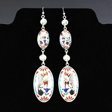 NATIVE AMERICAN ZUNI STERLING SILVER & INLAY HUMMINGBIRD EARRINGS QUINTIN QUAM
