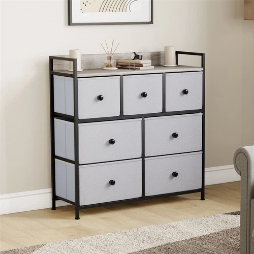 SALE Chorley 7 Drawer Fabric Drawer Chest Bedroom Furniture Beige & Grey Wood