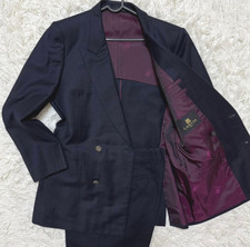 LANVIN 90s Vintage Double Breasted Wool Suit Set Navy Gold Button L