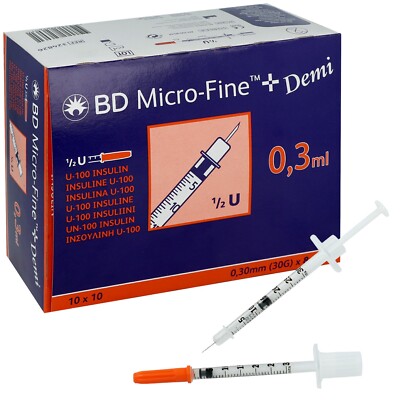 BD Micro-Fine+ U-100 Insulinspritzen (0,3x 8 mm), 100 Stück