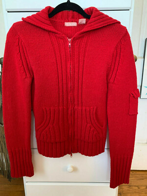 CI SONO Red Cable Knit Hooded Crop Zip Cardigan Sweater Size