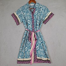 Loft Mini Shirt Dress Women's 0 Teal Tropical Palm Tie Waist Collared Coastal