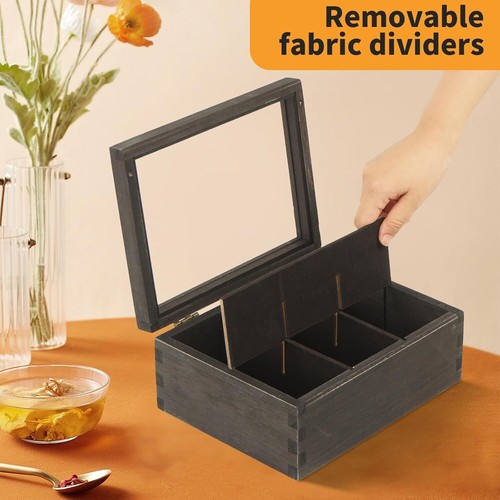 Wood Big Black Tea Bag Organizer Storage Box 12-Compartment Multi-Functional Box - Picture 12 of 24