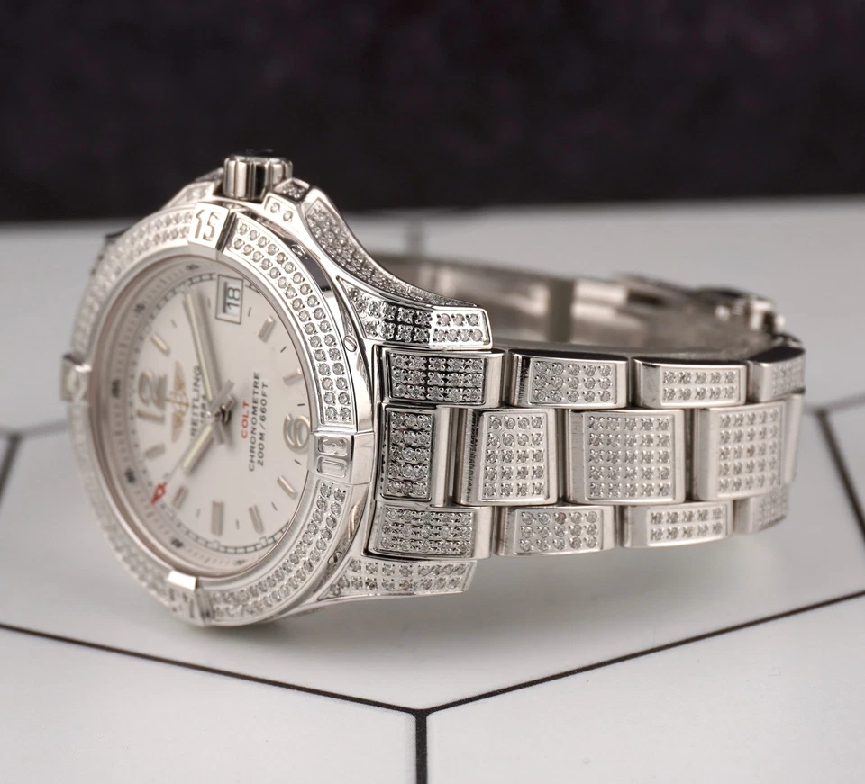 Breitling 33mm Colt Mujer 3ct Helado Diamantes Blanco Esfera Acero Reloj A77388 - Imagen 3 de 4