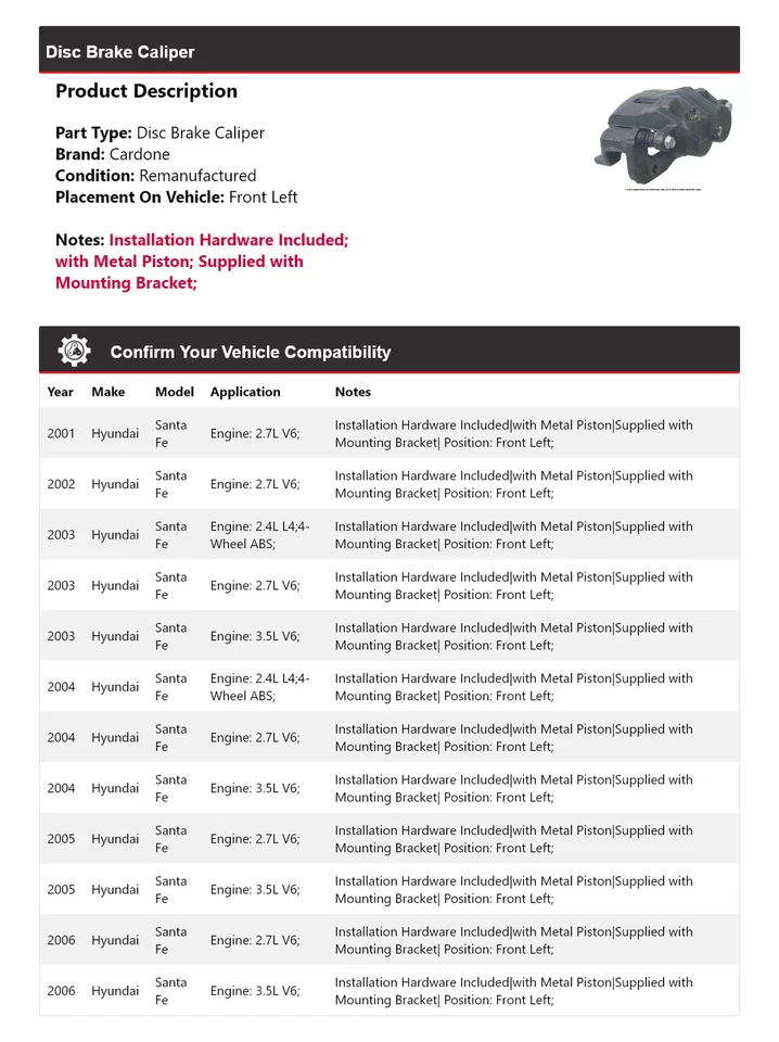 Pinza de freno de disco delantera izquierda cardone 2002 2003 para Hyundai Santa Fe 2001-2006 Foto 2 de 4