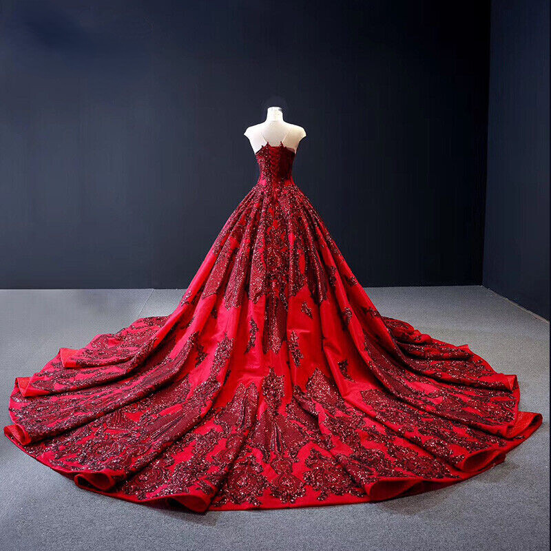 Luxur Wine Red Sequin Wedding Dresses Satin A-line Bridal Gowns Long Sweep  Train | eBay
