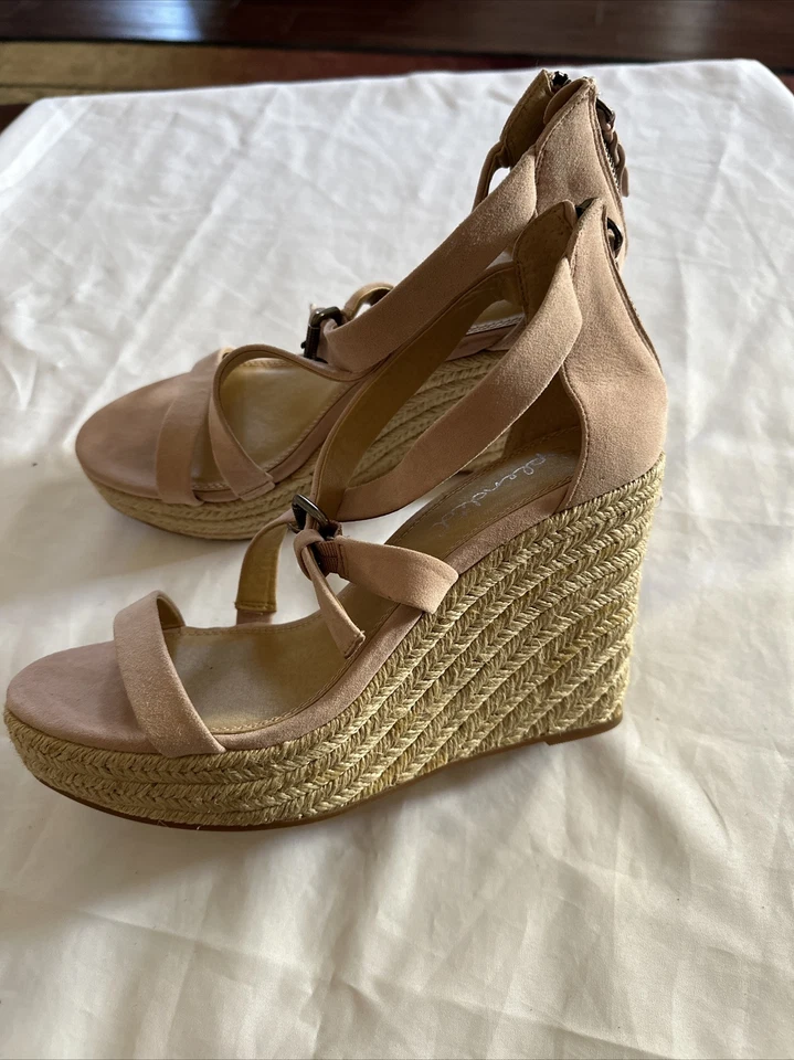 Splendid 女式全新无标签粉色麂皮绒绑带凉鞋楔形鞋跟 9.5 码 — 第 2/4 张图片