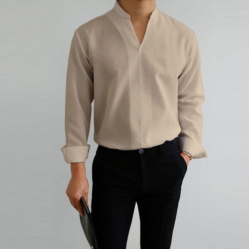 Men Casual Business Solid V Neck T Shirt Blouse Long Sleeve Stand Collar Tops - Foto 3 di 20