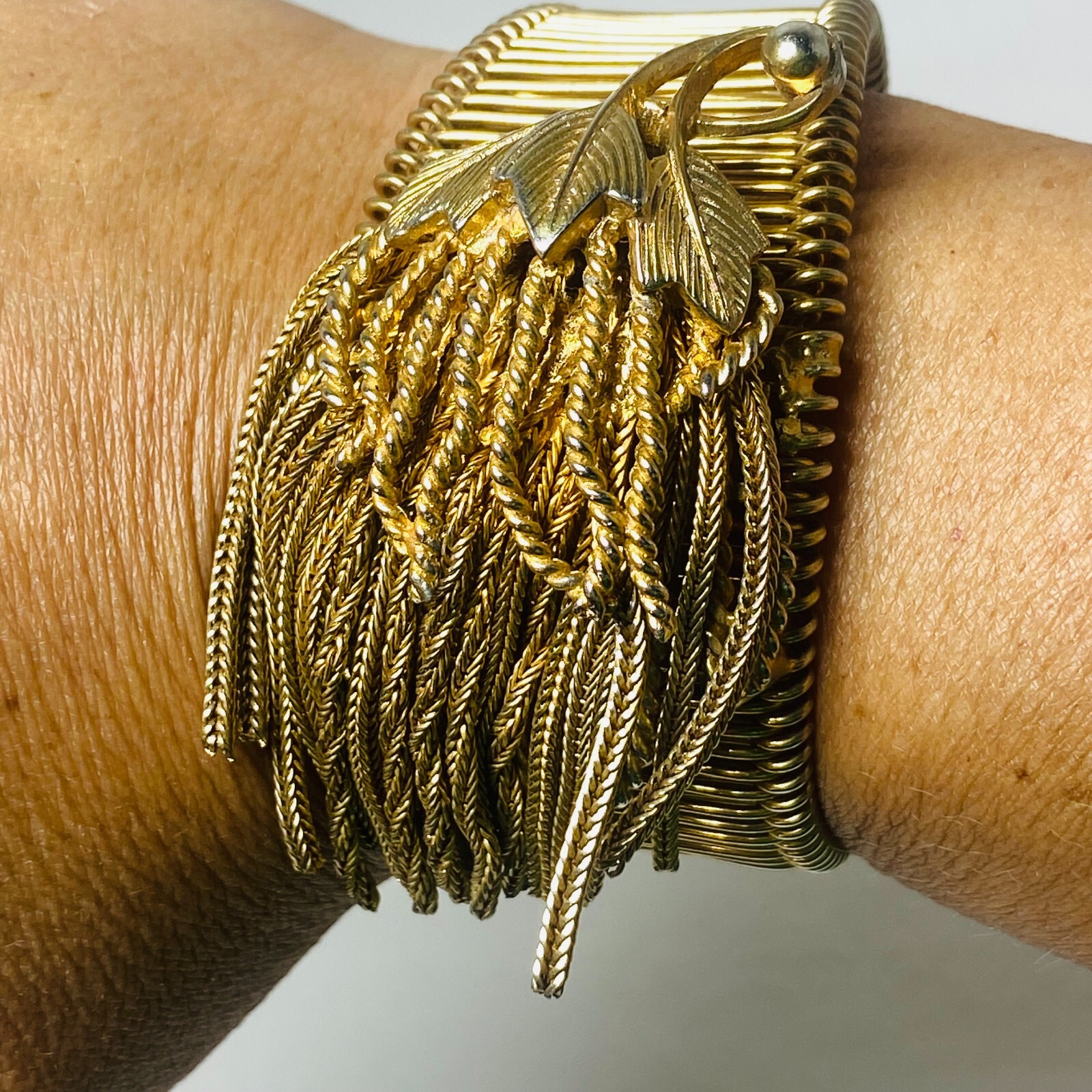 Vintage Signed Alice Caviness Gold Tone Wire Filigree Mesh Leaf Bracelet RARE