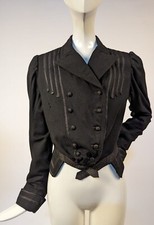 VICTORIAN 1890S BLACK WOOL JACKET W SILK STRIPE DETAIL
