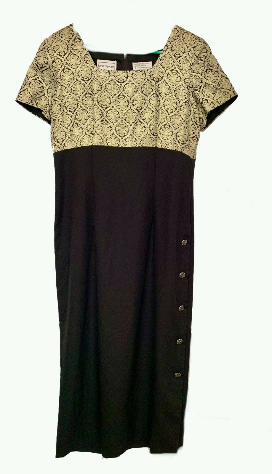 Black Cocktail Dress w Gold Brocade & Buttons, Karin Stevens, Ankle Length, S 12-image