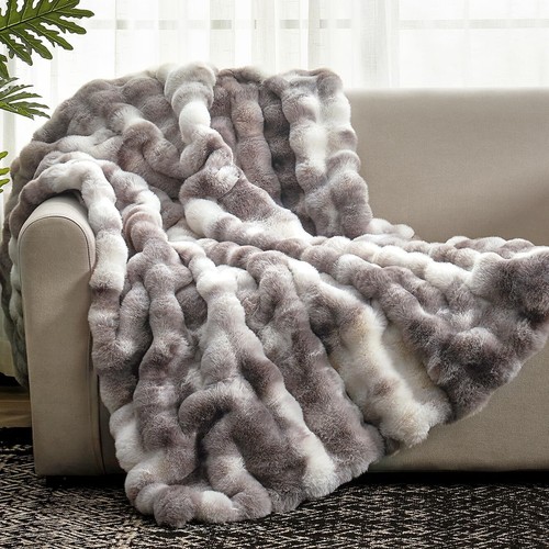 Cozy Bliss Faux Fur Throw Blanket for Couch Fuzzy Soft Plush Thick Bubble Bla...