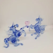 1 Pcs 2 Sky Blue Unicorn hold Pink Heart Hand Blown Glass Art Figure #BG 106-BOX
